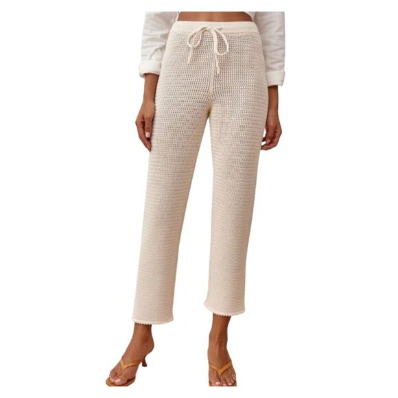 Reformation Beige Crochet Knit Relaxed Drawstring Pants, Size Medium, Boho Chic - Picture 1 of 6